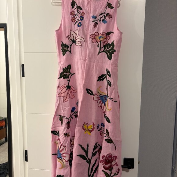 Fanm Mon Gloriosa Pink Floral Embroidered Cotton Midi Dress Size Medium - Picture 4 of 6